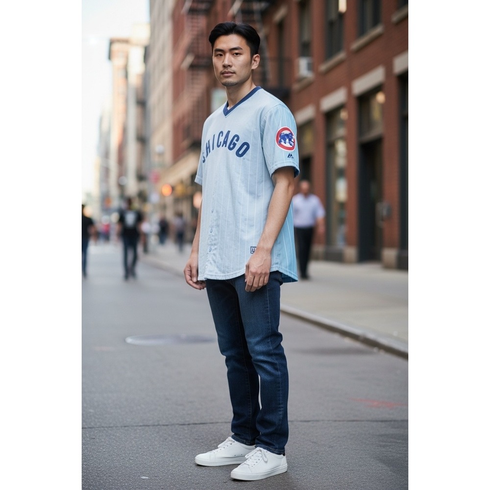 Match-Up Chicago Pinstripe Baseball Jersey Light Blue XL Benjamin Moore Logo